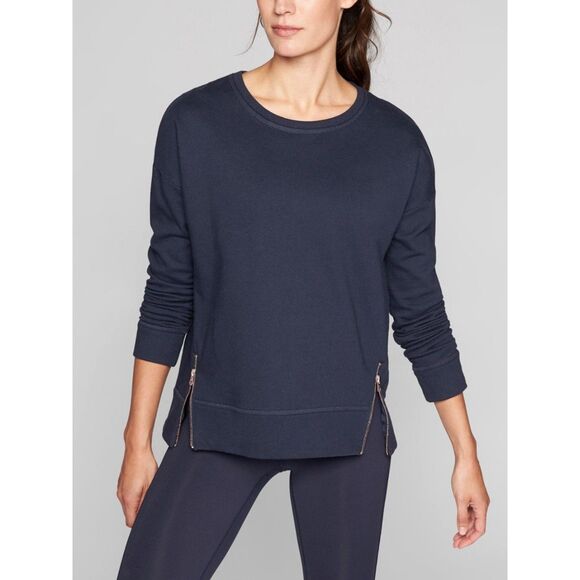 Athleta Sweatshirt Cityscape Navy Blue Double Zipper Pullover Crewneck Small - Picture 1 of 7